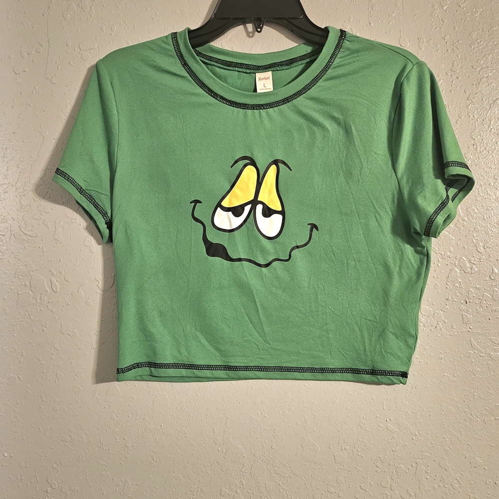 ROMWE Green Cartoon Face Crop Top